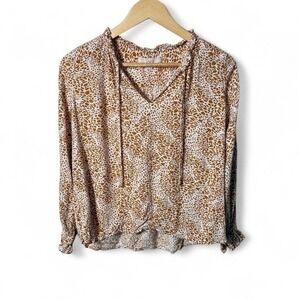 LOFT Petites SP Brown White Floral Print Blouse Long Sleeve Ruffle Hem Boho Top